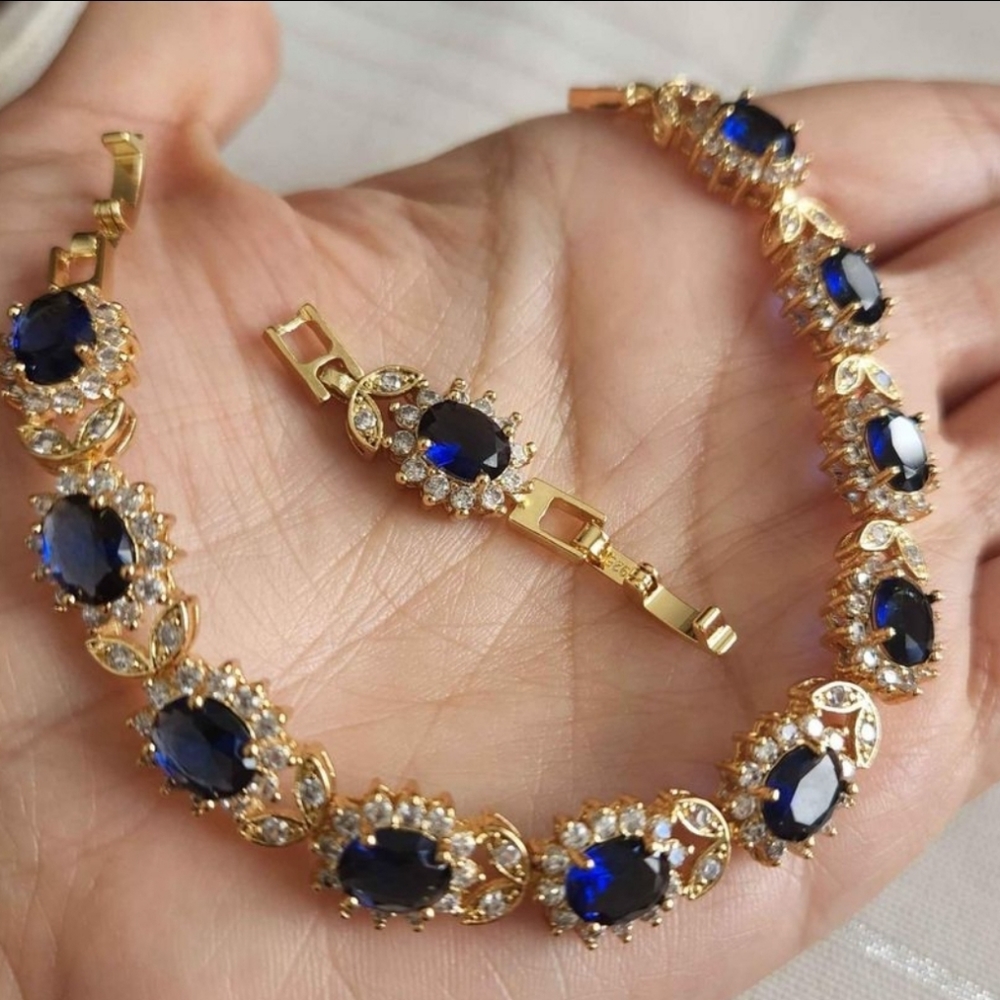 New 18K Gold Plated Oval Cut Blue Sapphire Diamond Flower Bracelet for Women